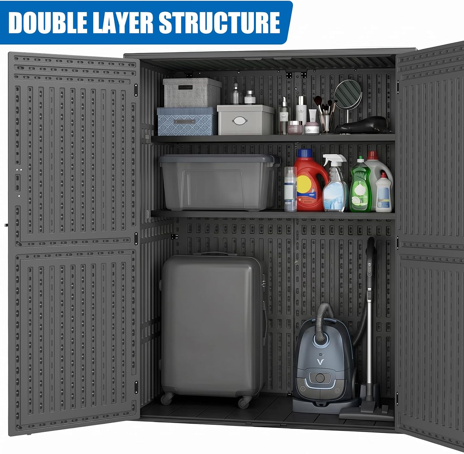 EHHLY Vertical Resin Storage Shed with 2 Shelves, 60 Cuft Garden Tool Sheds & Outdoor Storage, Plastic Outdoor Storage Cabinet Waterproof, 4.5 x 2.3 ft Backyard Outside Lawn Mower Storage Shed, Grey