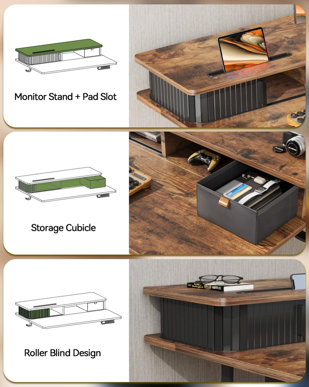 JOY worker Small Electric Standing Desk, 35' x 25' Height Adjustable Desk with Built-in Monitor Stand & Storage Drawer, Sit Stand Desk with 2 Hooks for Home Office, Rustic Brown