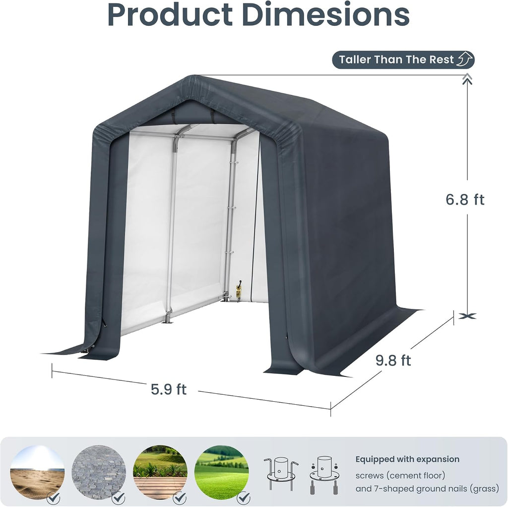PHI VILLA 6x10ft Storage Shelter Shed, Portable Carports Outdoor Garage Canopy with Roll up Zipper Doors & Vents Waterproof UV Resistant Garages Tent for Cars,Boats,Tools, Motorcycle, Gray