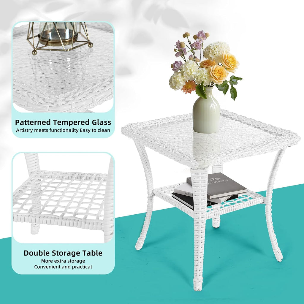 MEETWARM 3 Pieces Outdoor Wicker Swivel Rocker Patio Set, Rocking Chairs Rattan Patio Furniture Sets with Thickened Cushion and Glass-Top Coffee Table, Conversation Bistro Set, White Wicker/Beige