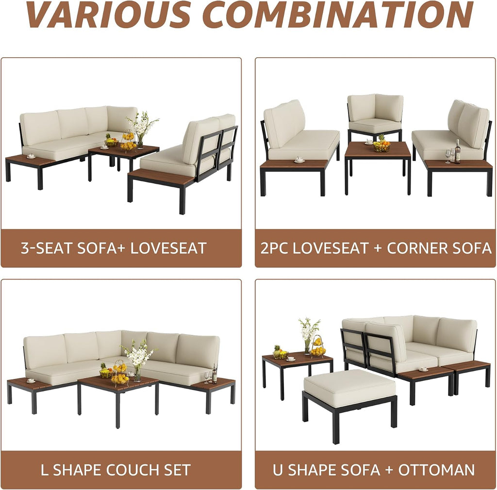 NATURAL EXPRESSIONS Outdoor Furniture Set, L Shape Patio Sectional, Metal Corner Couch Sofa Set with Side Tables, Detachable Backrest, Fauxwood Coffee Table, Beige Olefin Cushions for Garden Deck