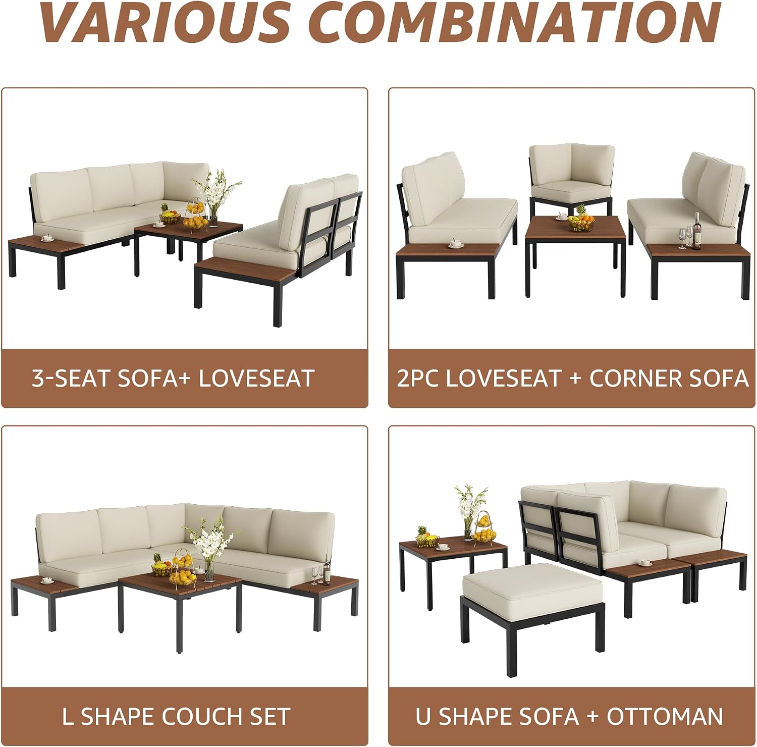 NATURAL EXPRESSIONS Outdoor Furniture Set, L Shape Patio Sectional, Metal Corner Couch Sofa Set with Side Tables, Detachable Backrest, Fauxwood Coffee Table, Beige Olefin Cushions for Garden Deck