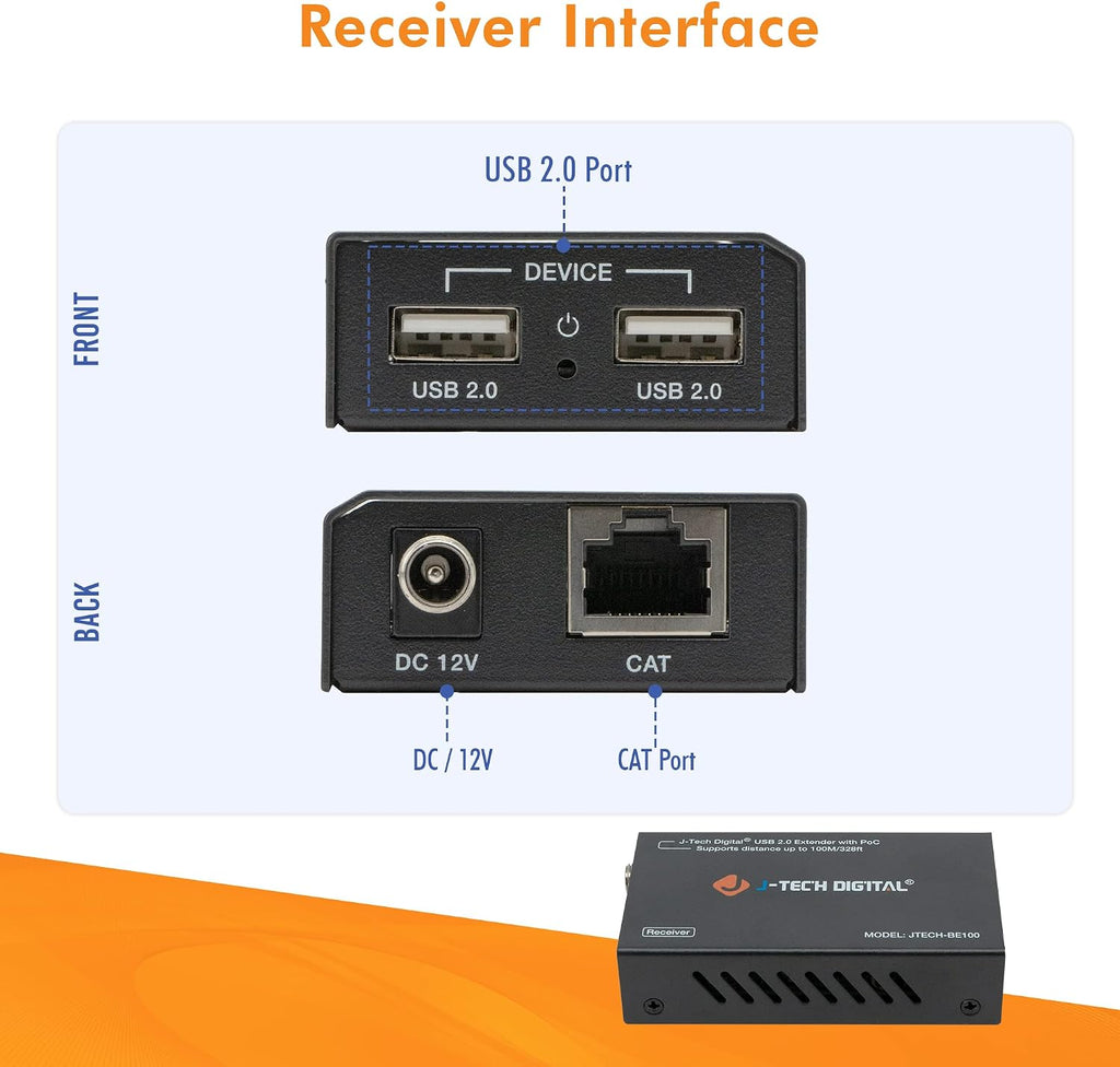 J-Tech Digital USB Over Ethernet Extender USB Balun Over cat5e cat6 99m/328ft PoC, Play and Plug, No Driver Needed, USB2.0 for Game Controller, MAC & PC and USB2.0 Supported Devices [JTECH-BE100]