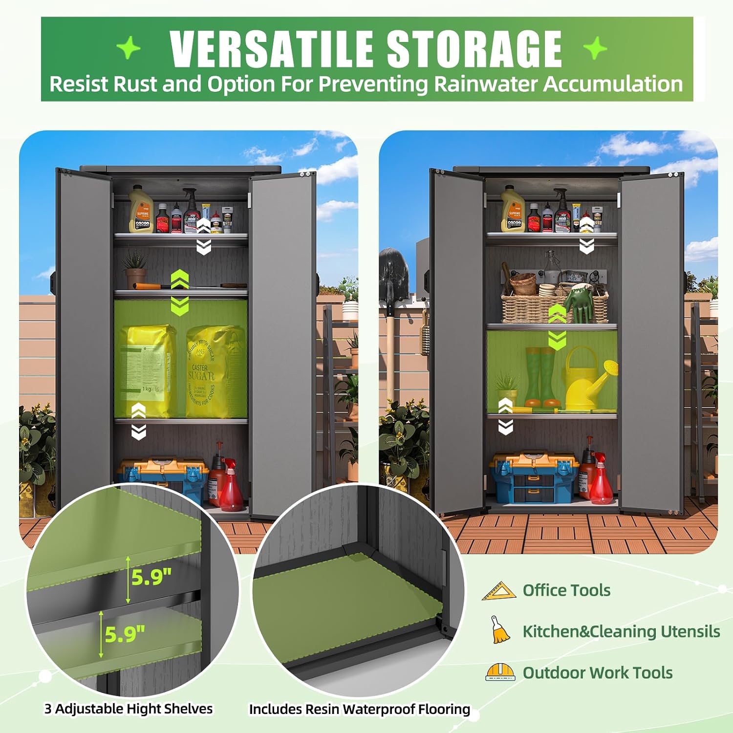 U-MAX Resin Outdoor Storage Cabinet Waterproof with Adjustable Shelves, Vertical Tall Plastic Storage Shed with Reinforced Floor, All Weather Sheds & Outdoor Storage Clearance with Base for Outside