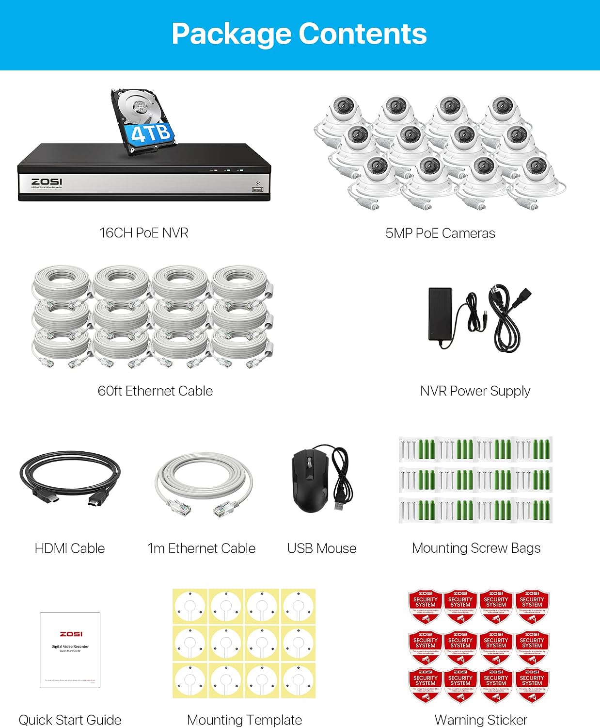 ZOSI 4K 16 Channel POE Security Camera System with 4TB HDD, 12pcs 5MP Outdoor Indoor Dome PoE IP Camera, 16CH 8MP Surveillance NVR Recorder,80ft Night Vision,Remote Access,for Home 24-7 Recording