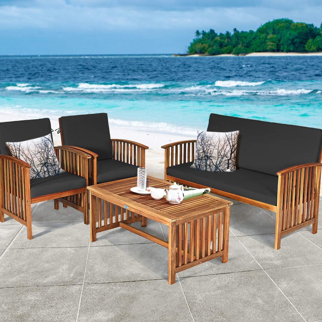 Tangkula 8 PCS Outdoor Acacia Wood Sofa Set with Water Resistant Cushions, Padded Patio Seating Chat Set w/Coffee Table for Garden, Backyard, Poolside (2, Black)