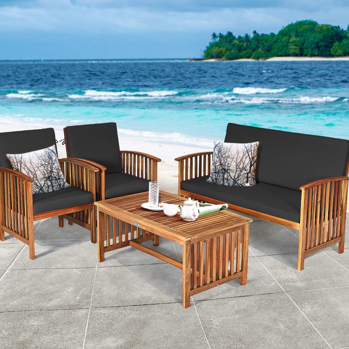Tangkula 8 PCS Outdoor Acacia Wood Sofa Set with Water Resistant Cushions, Padded Patio Seating Chat Set w/Coffee Table for Garden, Backyard, Poolside (2, Black)