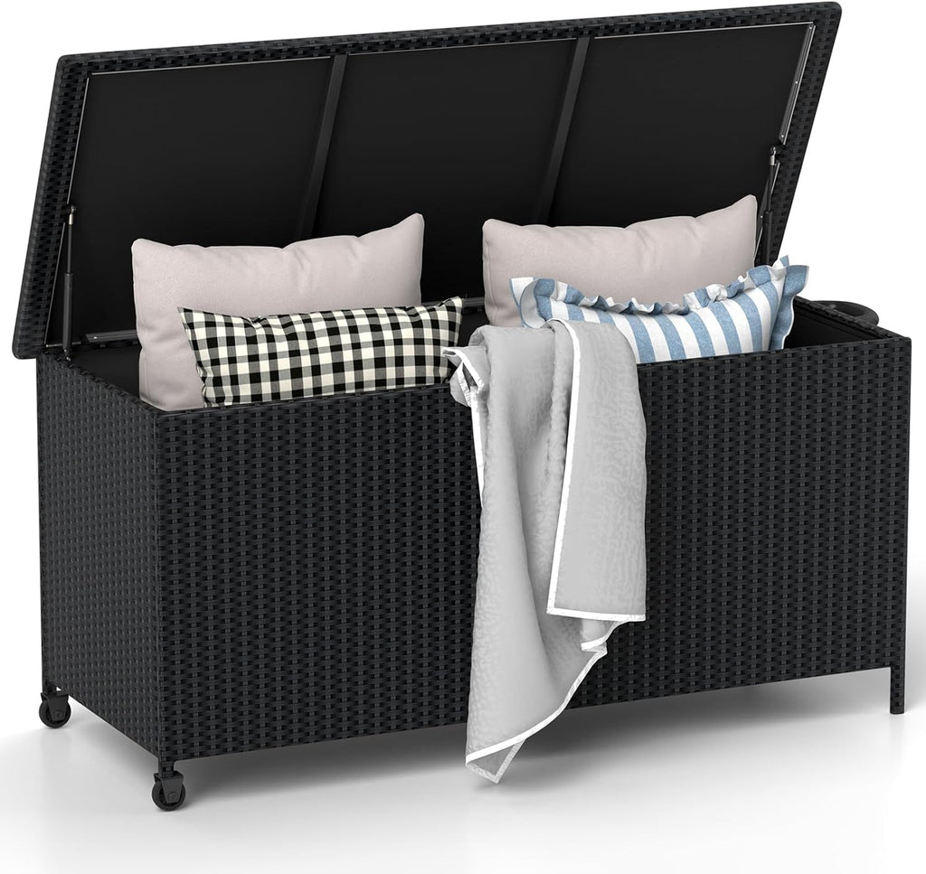 RELAX4LIFE 85-Gallon Deck Box with Wheels - Wicker Rattan Storage Bin Container w/Waterproof Liner & Gas Strut for Patio Cushions, Garden Tools, Pool Supplies, Indoor Outdoor Storage Box (Black)