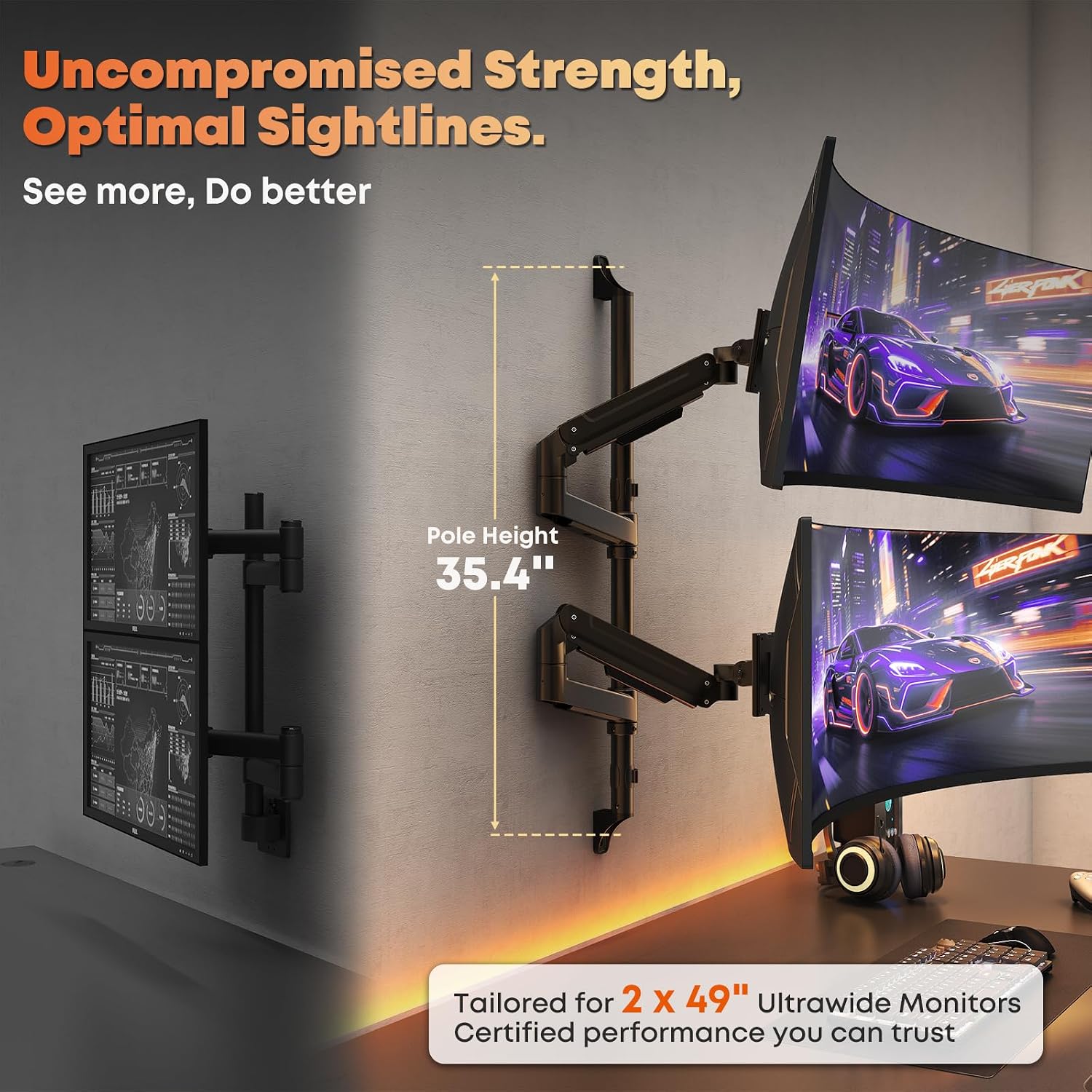 17-49' Dual Monitor Wall Mount - Fits Ultrawide Screens, Heavy Duty Gas Spring Arm with Long 35.4' Pole for Max Height Adjustment, Holds 44 lbs per Arm, VESA 75/100mm, Black