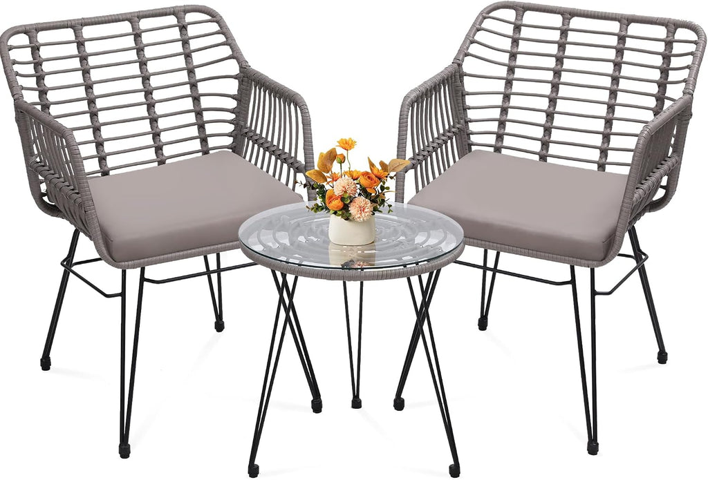 KROFEM 3 Piece Wicker Patio Bistro Furniture Set, Includes 2 Rattan Chairs and Glass Top Table, Ideal for Porch, Outdoor, Backyard, Apartment, Balcony, Grey