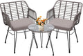 KROFEM 3 Piece Wicker Patio Bistro Furniture Set, Includes 2 Rattan Chairs and Glass Top Table, Ideal for Porch, Outdoor, Backyard, Apartment, Balcony, Grey