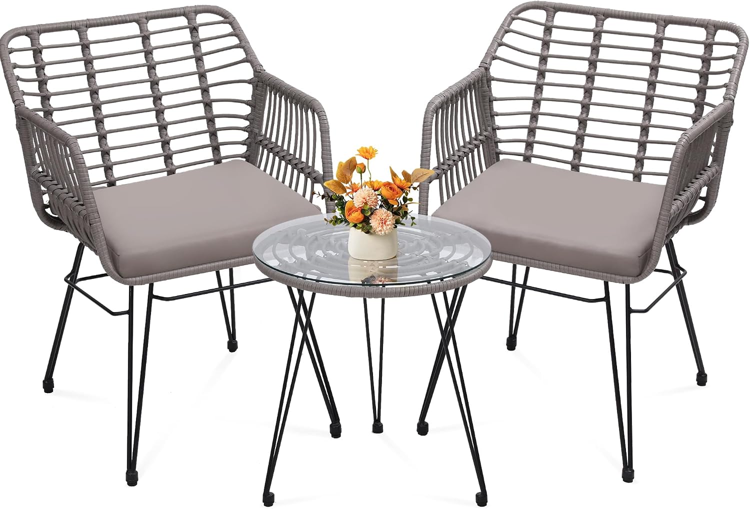 KROFEM 3 Piece Wicker Patio Bistro Furniture Set, Includes 2 Rattan Chairs and Glass Top Table, Ideal for Porch, Outdoor, Backyard, Apartment, Balcony, Grey