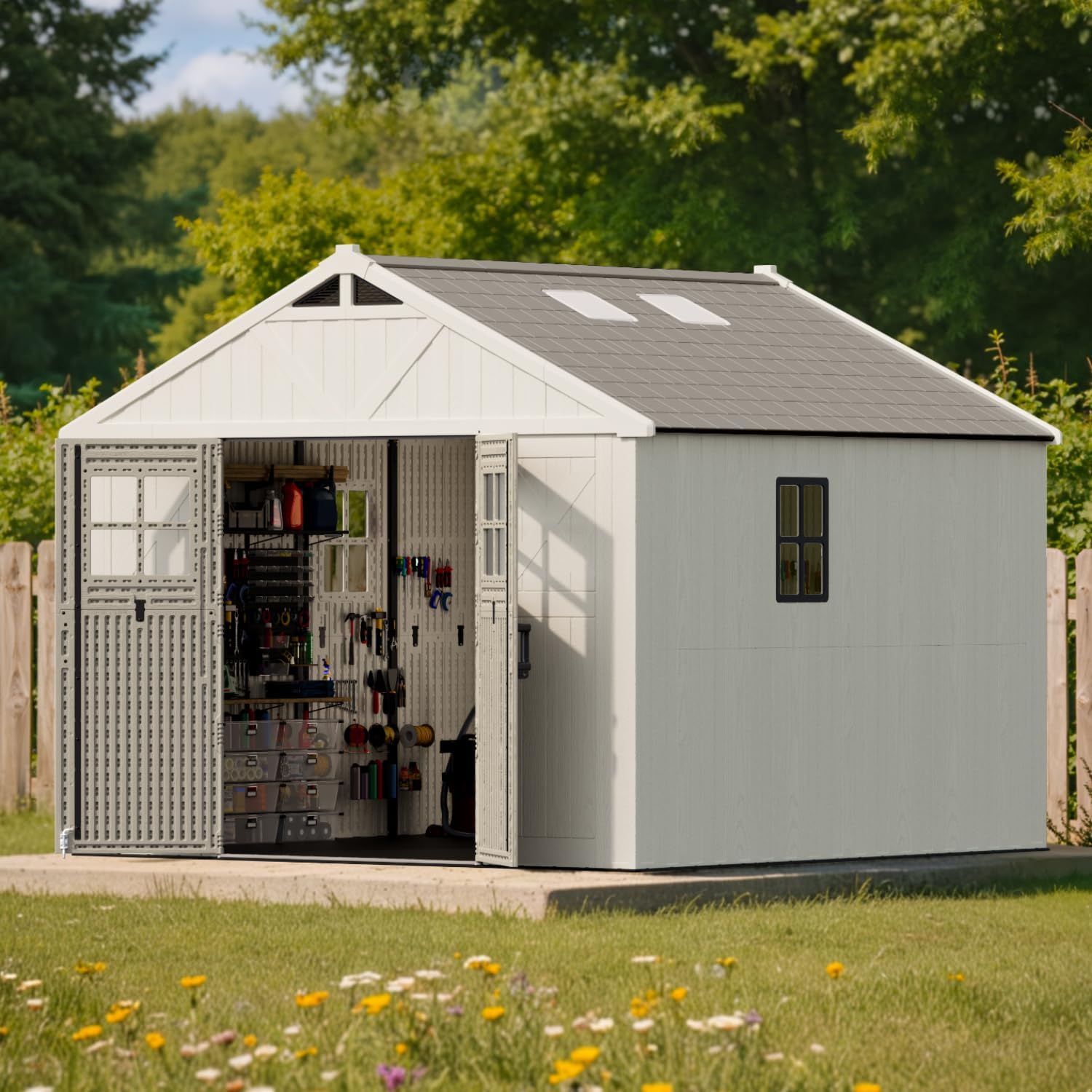 Patiowell 10x10 FT Outdoor Storage Shed, Plastic Shed with Floor and Skylight, Four-Window Resin Storage Shed with Lockable Door for Garden, Patio, Backyard, Beige
