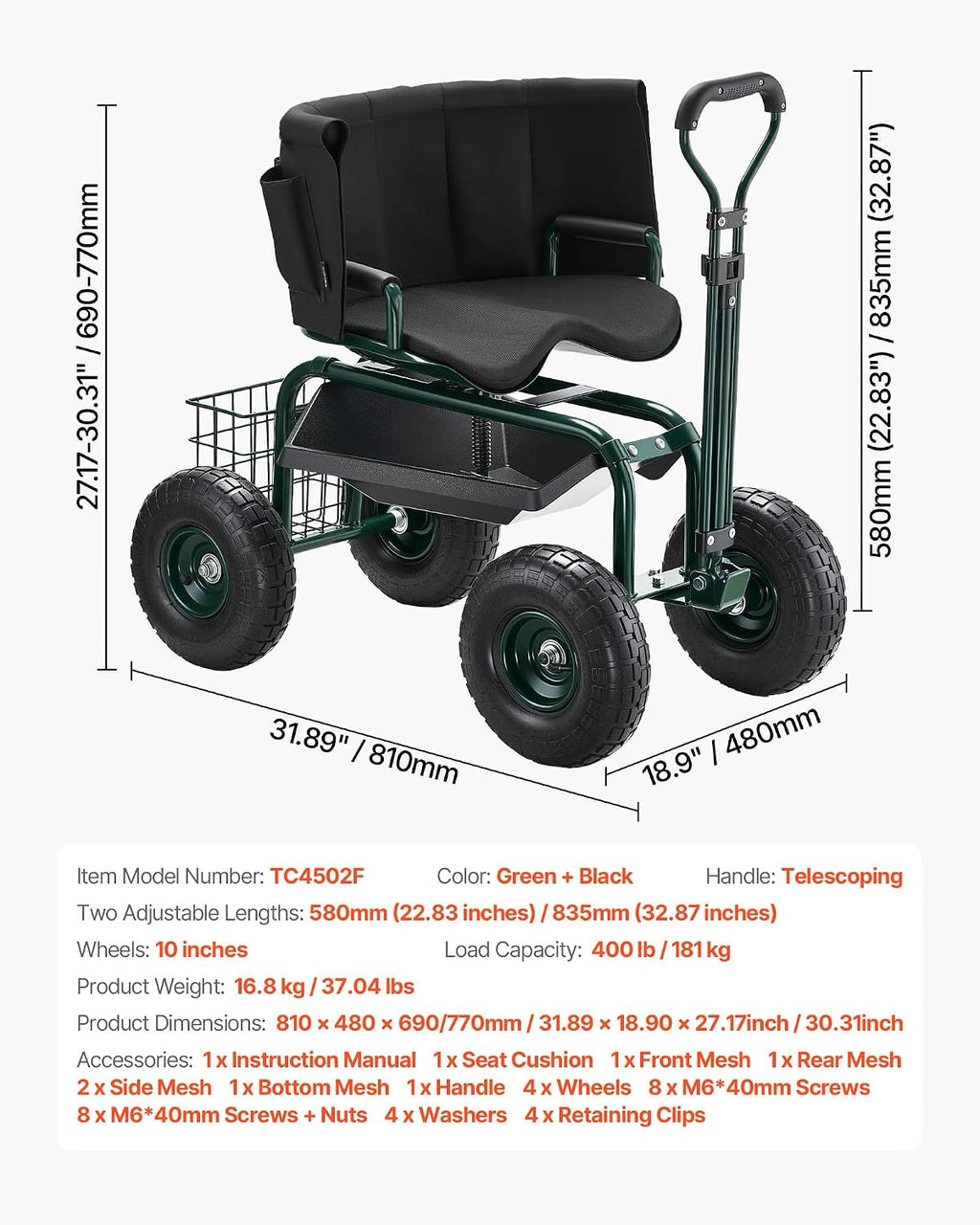 VEVOR Garden Seat with Wheels, Rolling Garden Stool with Height Adjustable & 360° Swivel Seat, 400lbs Weight Capacity, Gardening Cart Bench, Ergonomic Backrest & Tool Storage, for Yard, Patio