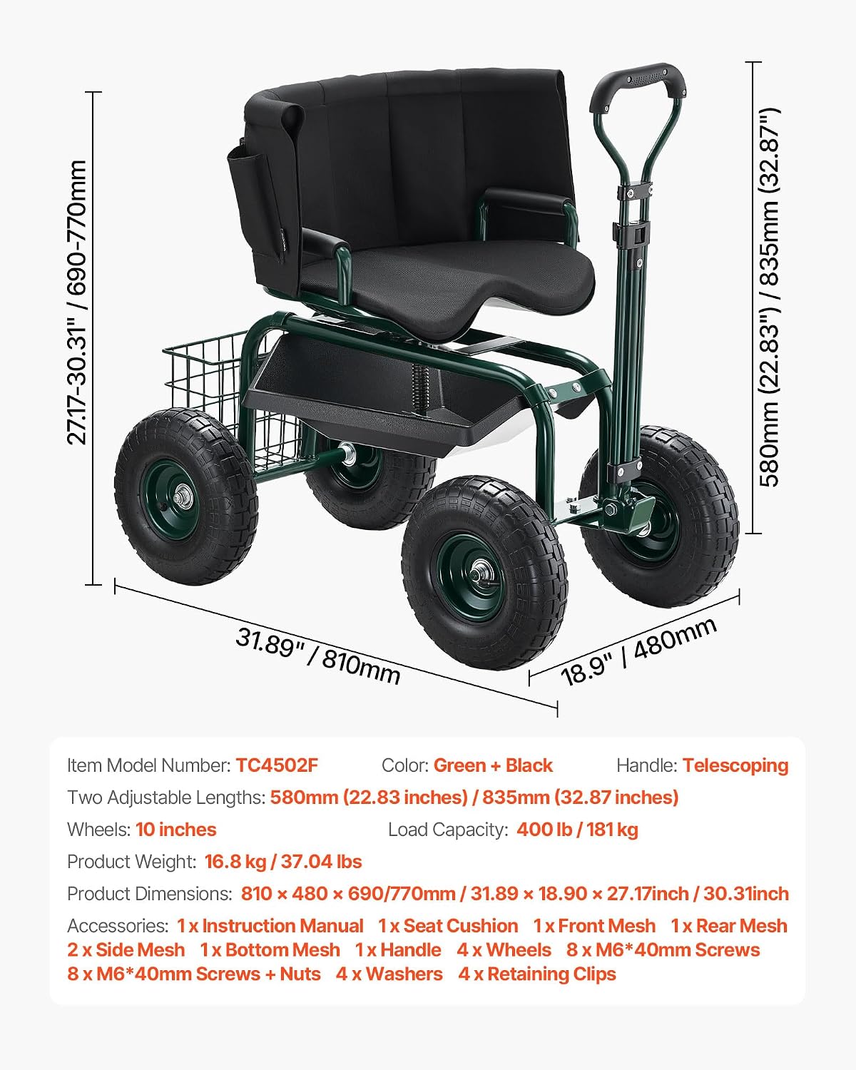 VEVOR Garden Seat with Wheels, Rolling Garden Stool with Height Adjustable & 360° Swivel Seat, 400lbs Weight Capacity, Gardening Cart Bench, Ergonomic Backrest & Tool Storage, for Yard, Patio