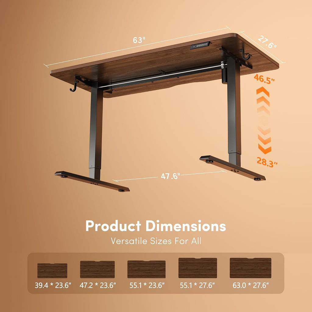 FEZIBO Standing Desk, 63×28 Inches Electric Height Adjustable, Sit Stand Up, Computer Office Desk with Splice Board, Black Frame/Black Walnut TOP