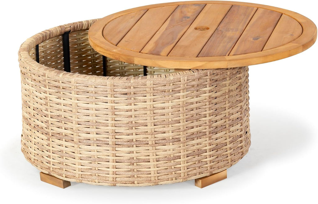 SAFAVIEH Couture Outdoor - Anguilla Round Wicker Coffee Table - Solid Wood and Aluminum - Coastal Woven Design - Ideal for Patio, Deck, Porch, Backyard, 25.6'W x 25.6'D x 13.8'H (CPT2103A)