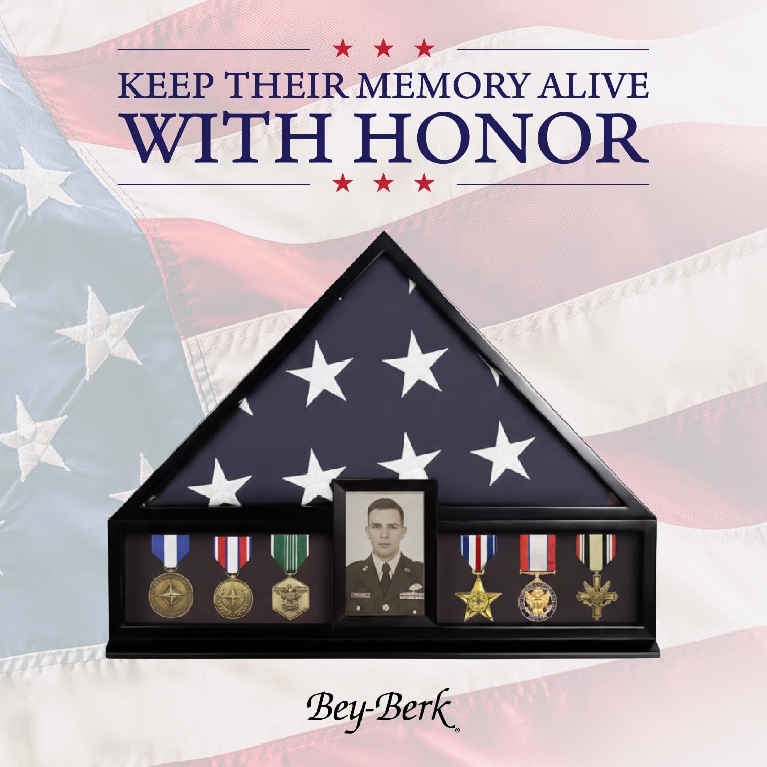 Bey-Berk Personalized American Burial Flag Display Case (Black), Solid Wood Military Shadow Box with Medal Display, 4' x 6' Photo Frame and Glass Front, Fits 5' x 9.5' Veteran Flag
