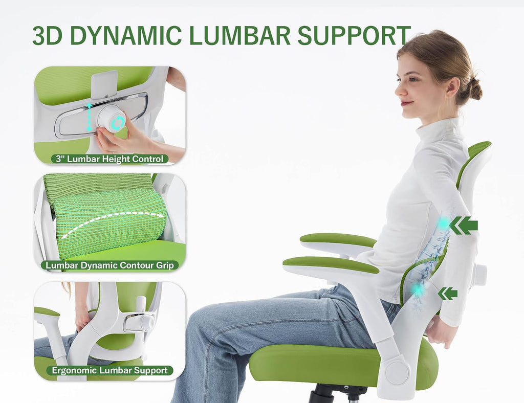 Office Chair Ergonomic Desk Chair Comfy: 400LBS Mesh Computer Chair Ergonomic Gaming Chairs with Wheels Adjustable Lumbar Support and Flip up Armrest-Swivel Executive Chairs Long Hours(Green)