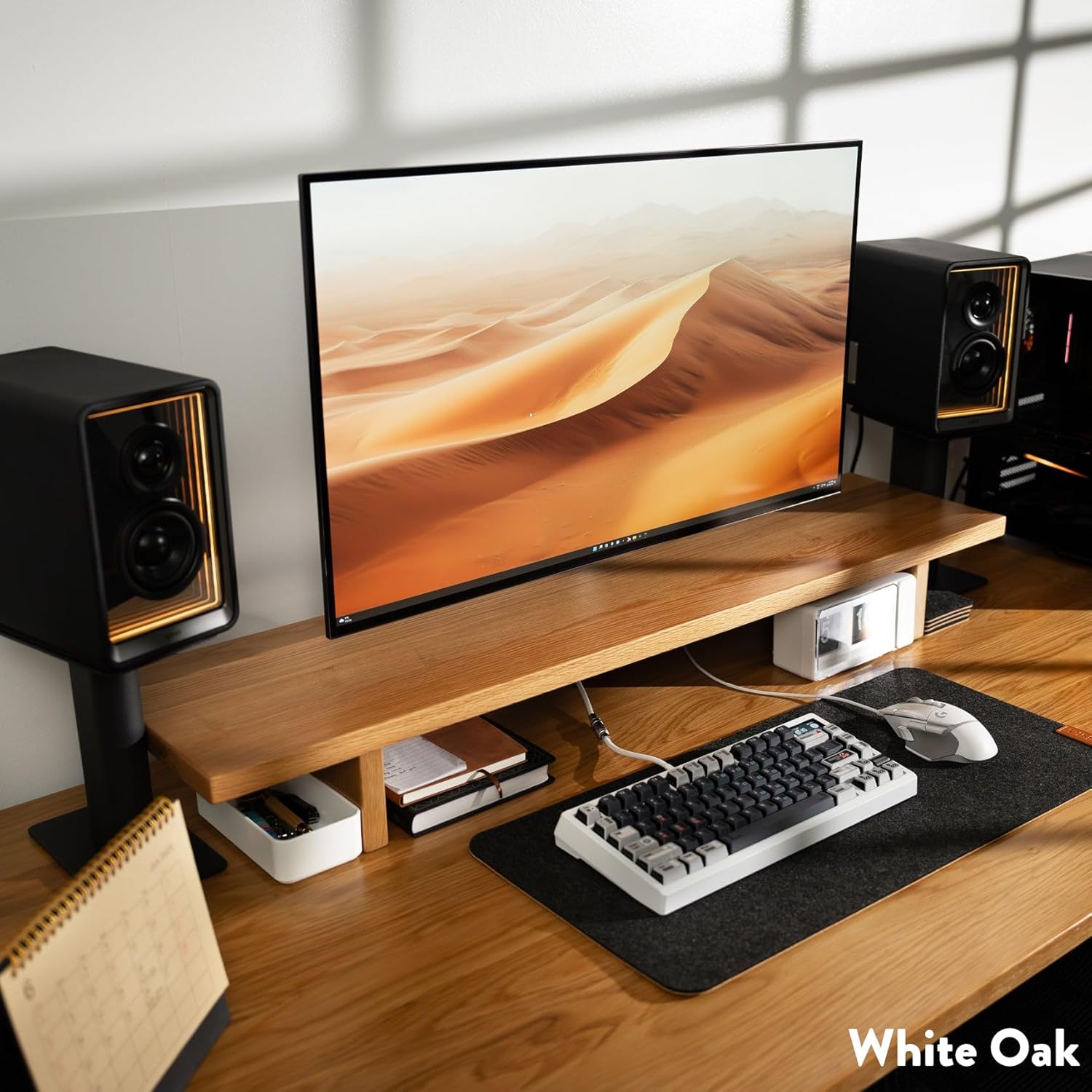 Desky Monitor Stand – Ergonomic Wood Riser for Single or Dual Monitors, Desk Shelf Organizer to Elevate Screen Height – White Ash Hardwood