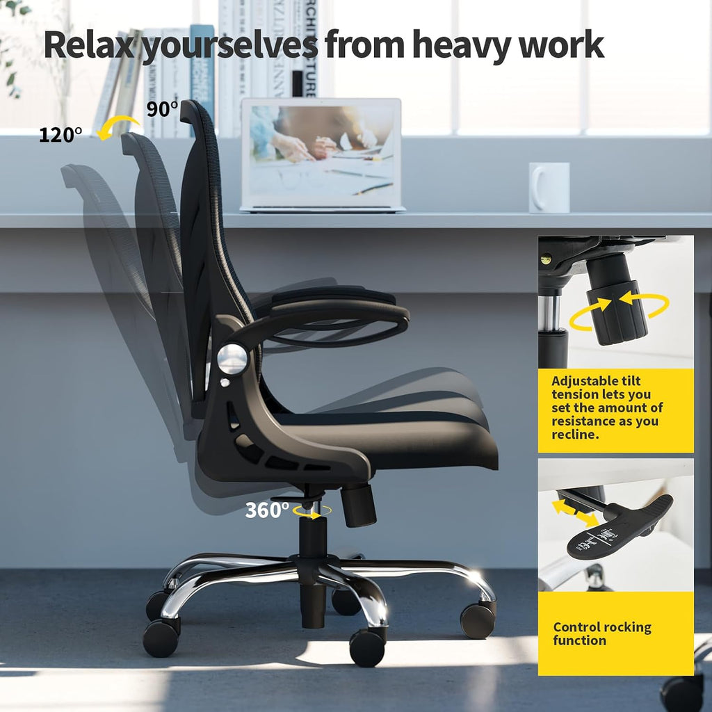 HOLLUDLE Ergonomic Office Chair with Foldable Backrest, Computer Desk Chair with Flip-up Armrests, Mesh Lumbar Support and Tilt Function Big and Tall Office Chair, Black