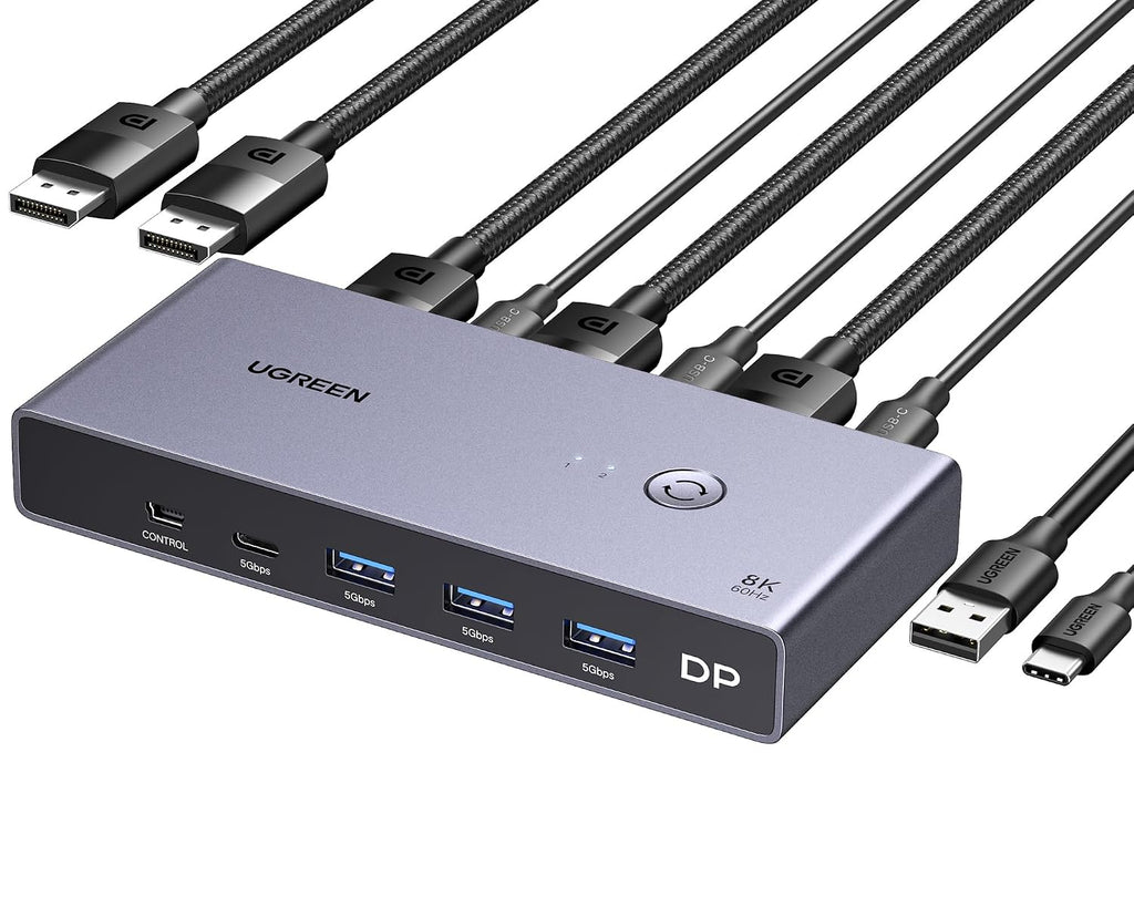UGREEN 8K Displayport KVM Switch DP 1.4 with 4 USB 3.0 Ports (3 USB-A + 1 USB-C) Bundle with UGREEN USB C to DisplayPort 1.4 Cable 8K@60Hz 4K@240Hz Thunderbolt 4/3 to DisplayPort Cord