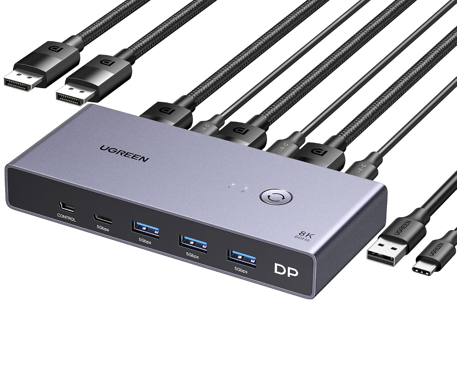 UGREEN 8K Displayport KVM Switch DP 1.4 with 4 USB 3.0 Ports (3 USB-A + 1 USB-C) Bundle with UGREEN USB C to DisplayPort 1.4 Cable 8K@60Hz 4K@240Hz Thunderbolt 4/3 to DisplayPort Cord