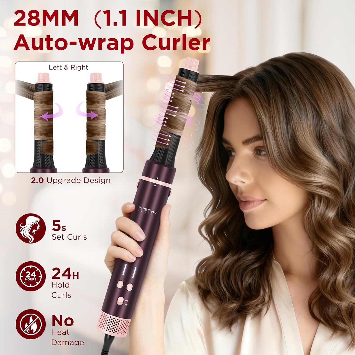 MaxAIR 2.0 7-in-1 Hot Air Styler,Travel Dual Voltage Multi-Styler Set,High Speed Hair Dryer Brush with Air Hair Straightener,1.1 Inch Auto-Wrap Curlers,110,000RPM,Jasper Plum