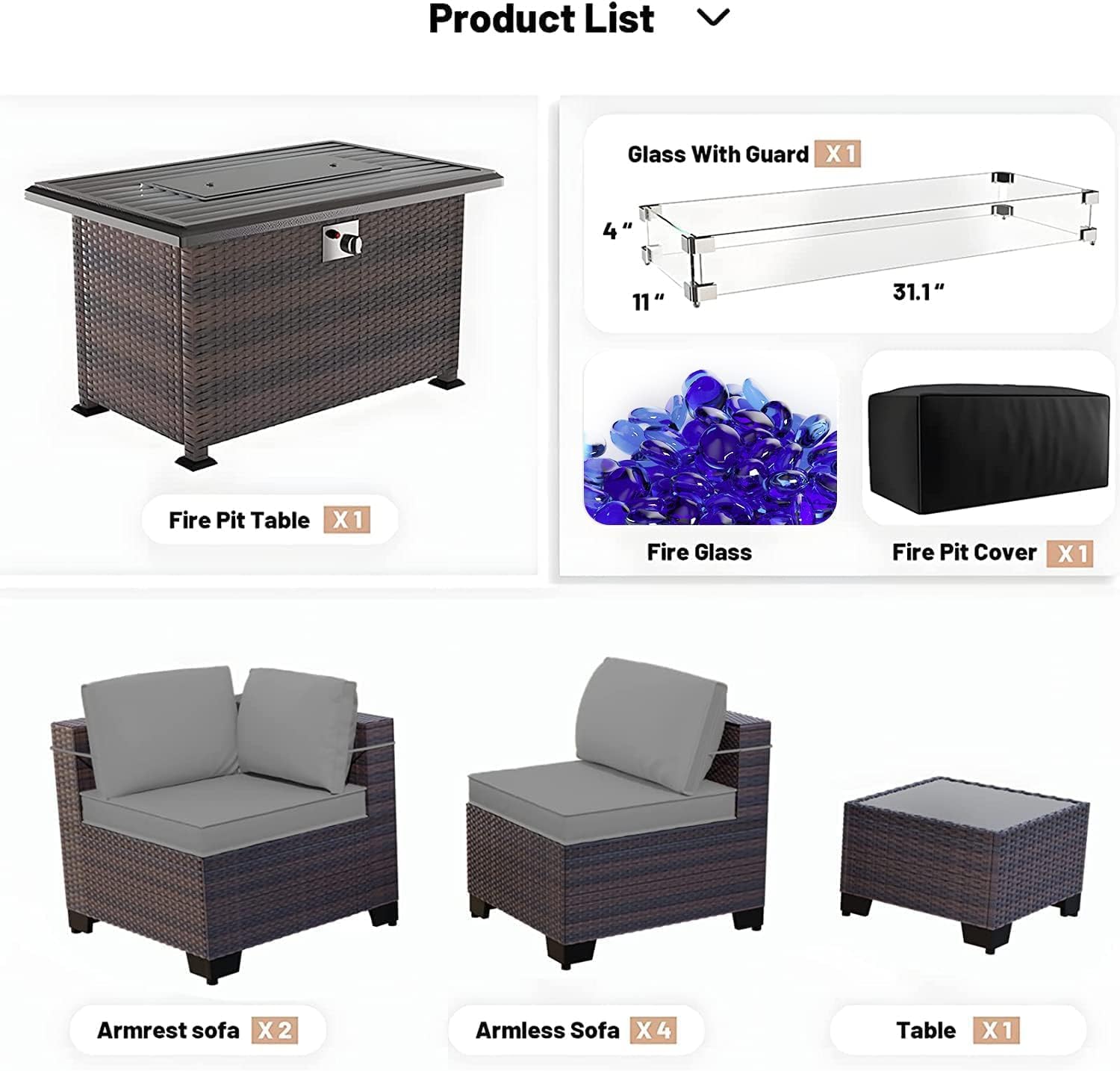 Kullavik 8 Pieces Outdoor Patio Furniture Set,Sectional Sofa Set with 43' 55000 BTU Gas Propane Fire Pit Table,Brown PE Rattan Wicker Patio Conversation Set,Grey