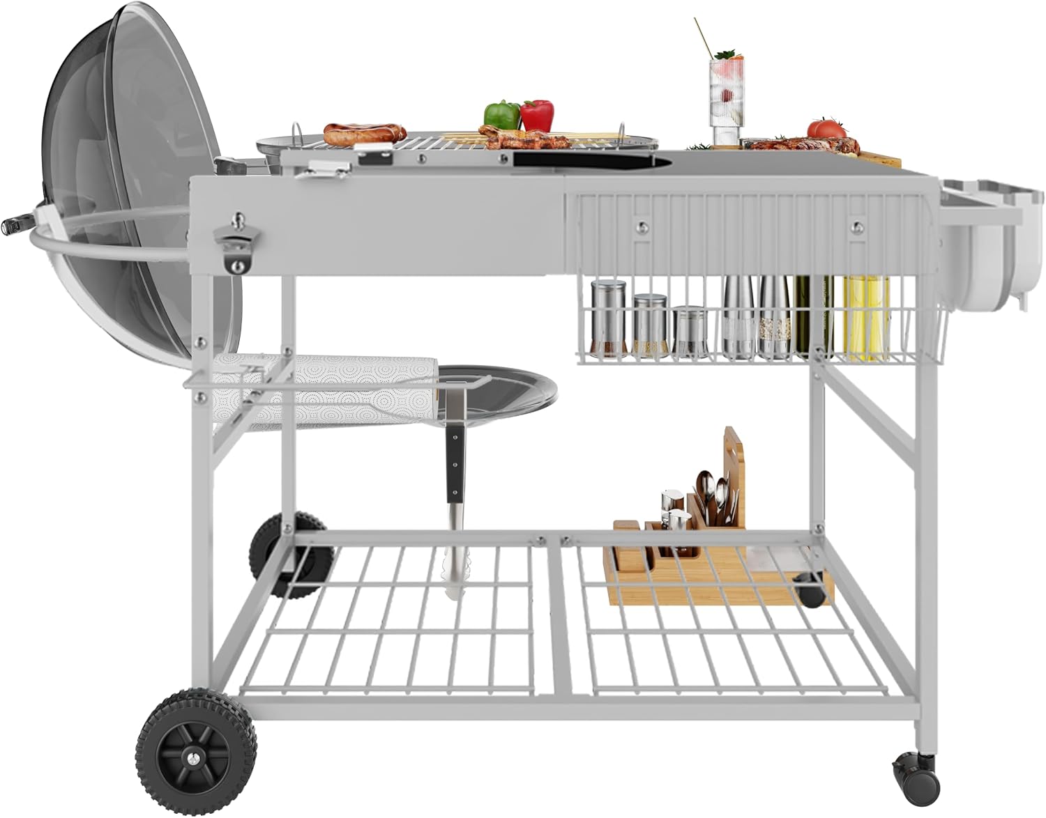 Vongrasig Grill Cart for Weber Kettle 18' & 22', Charcoal Grill Table, Outdoor Kitchen Island with Storage for Jumbo Joe,Master-Touch Charcoal Grill, Silver