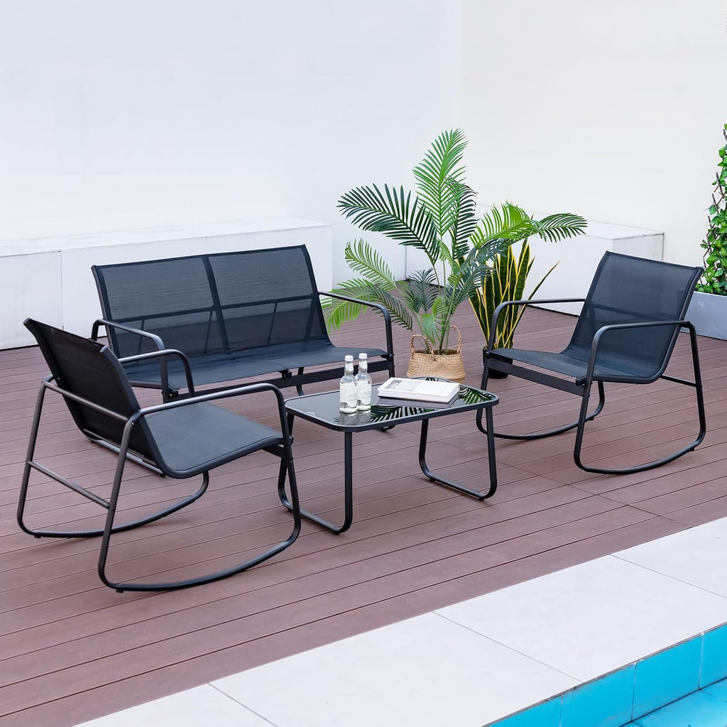 Tangkula 4 Piece Rocking Patio Furniture Set, 2 Rocking Chairs & Loveseat with Glass-Top Table, Patio Rocking Set with Smooth Rocking Motion, Outdoor Rocker Conversation Set for Porch, Yard (1, Black)