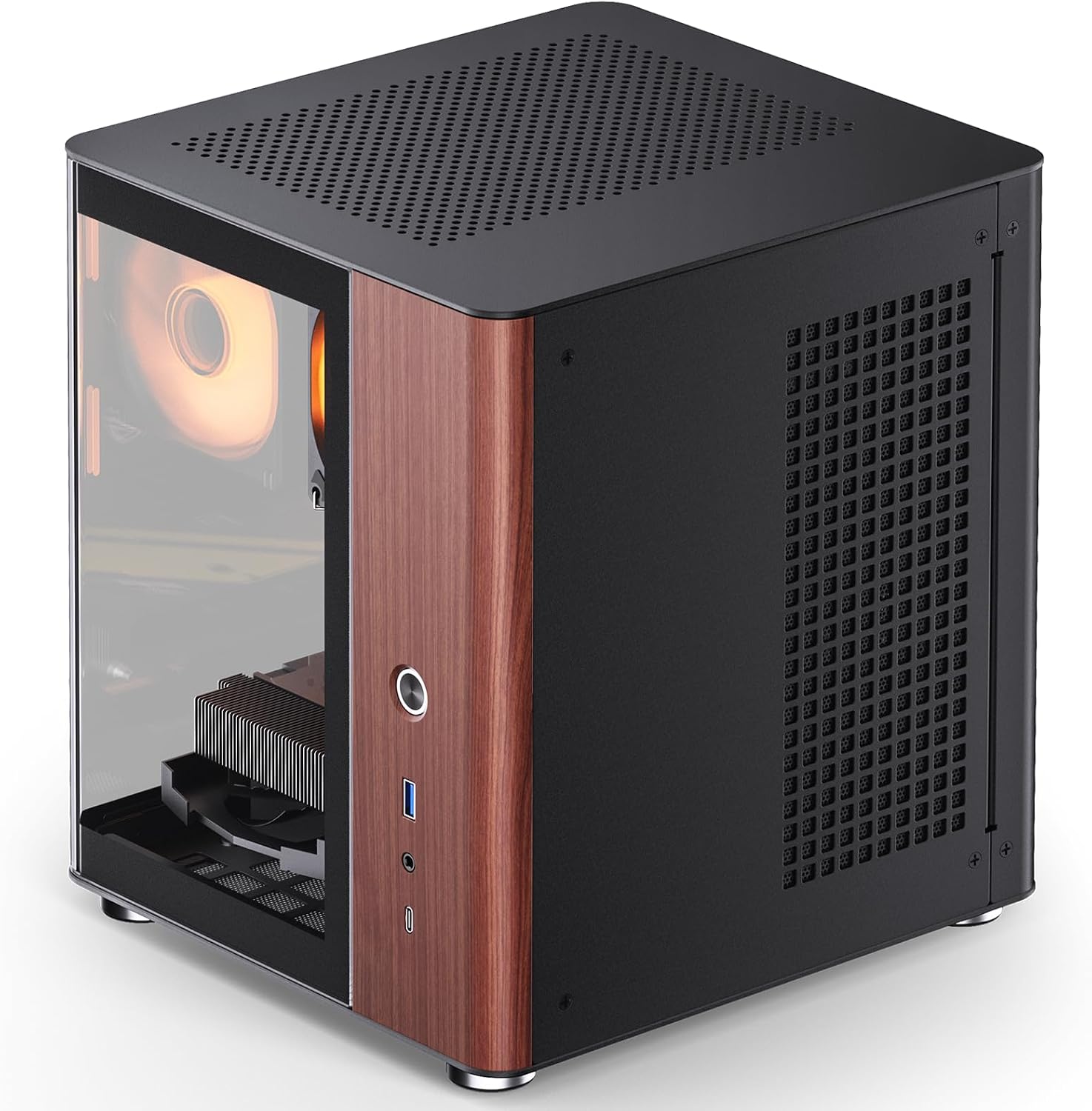 JONSBO TK-0 Black ITX Mini Tower PC Case, Hyperboloid Glass Desktop Design,Separated Cabinet Structure, Al Alloy Shell DTX/ITX Walnut Wood Computer Case, Sff Case,Black