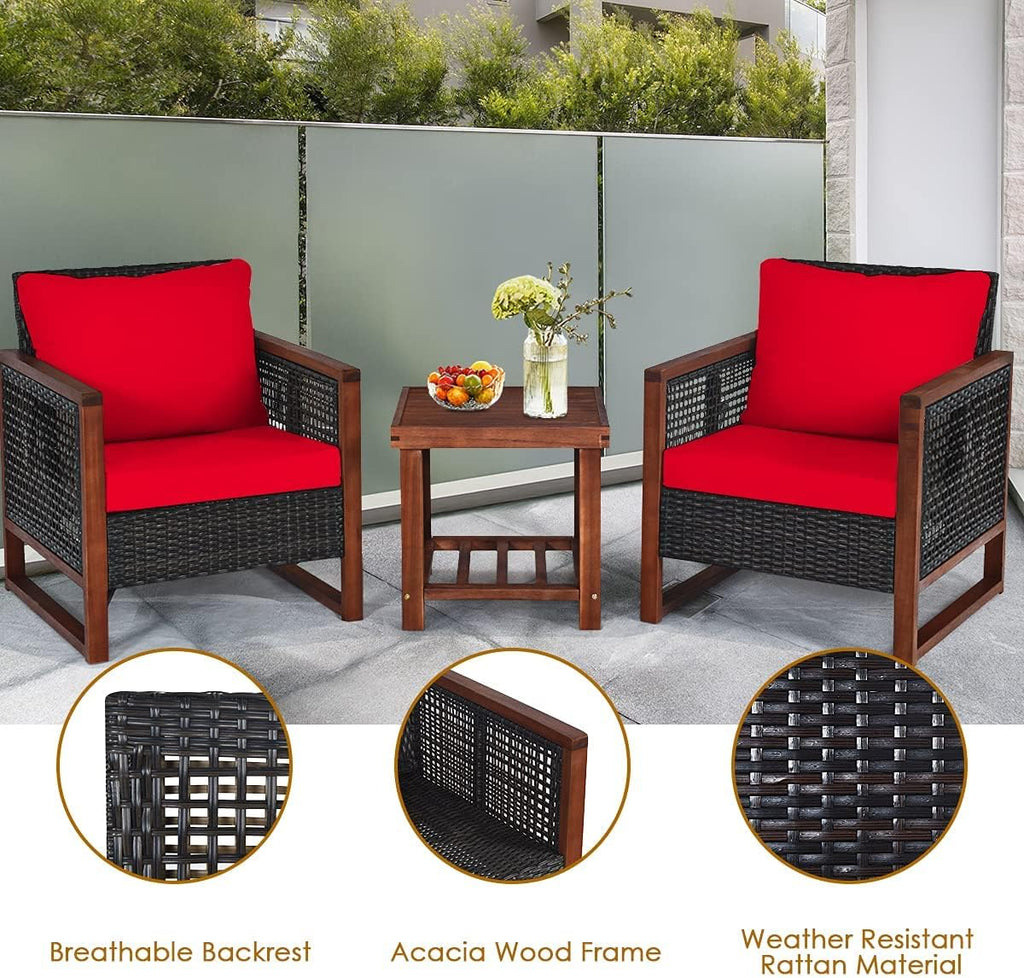 HAPPYGRILL 3-Pieces Outdoor Patio Furniture Set Wicker Chairs with Coffee Table Balcony Porch Furniture Bistro Set with Acacia Wood Frame and Washable Cushions for Garden Poolside Backyard