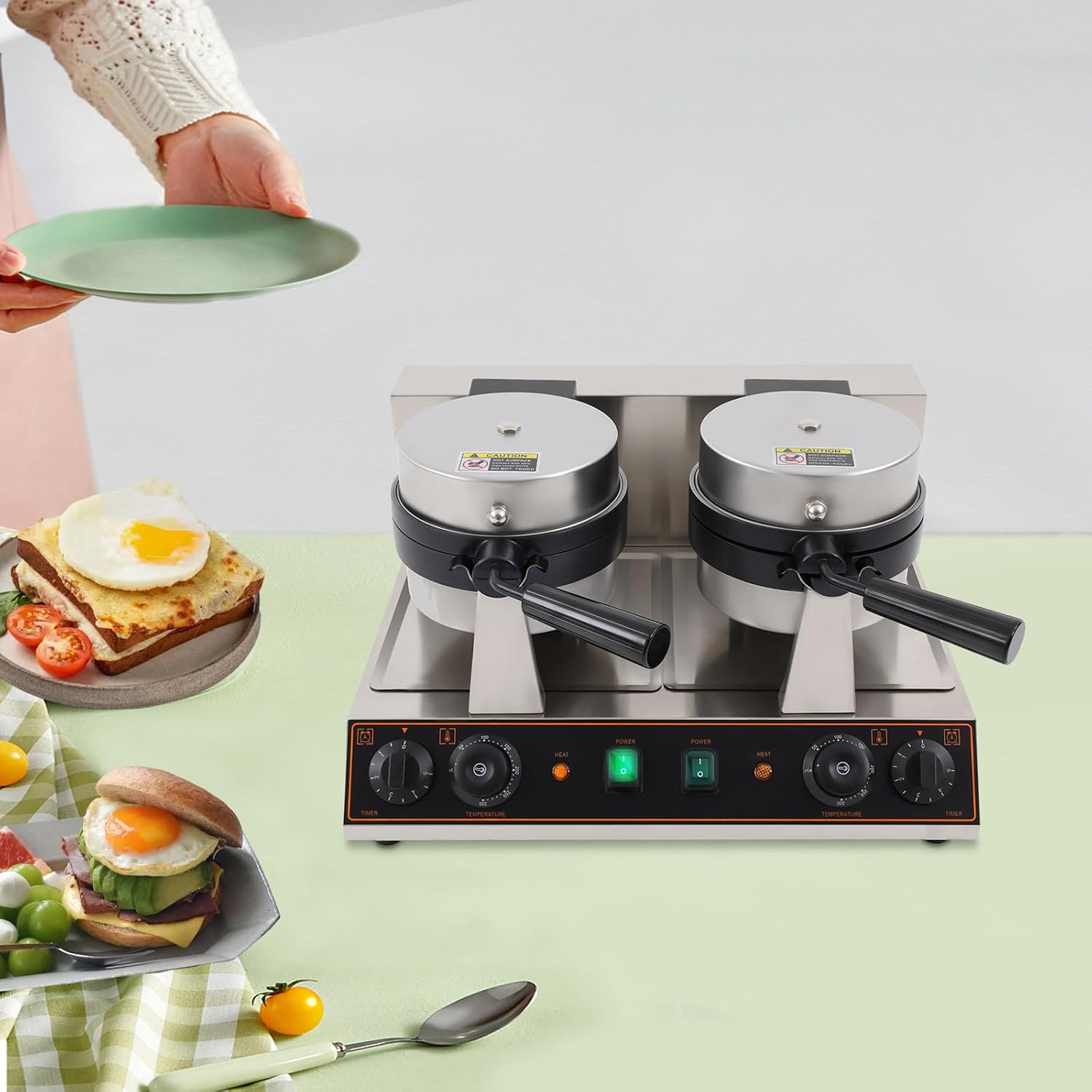 2400W Hamburger Maker, Double-Sided Electric Grill with Timer, 2-Zone Non-Stick Panini Press, 122-572°F Temp Control, 110V for Home Kitchen Food Truck
