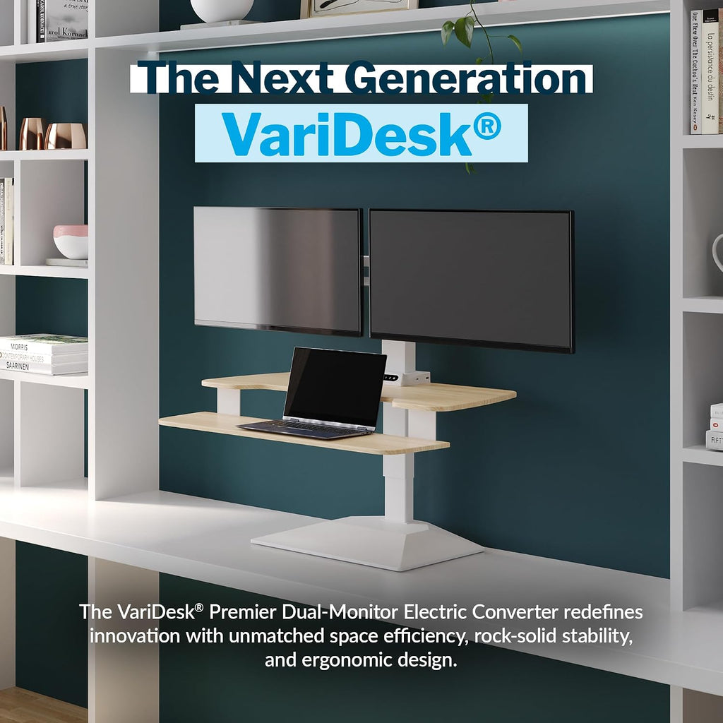 Vari VariDesk Premier Electric Converter -All-in-One Standing Desk Height Adjustable Riser - USB-A & USB-C - Ideal for Home Office Workspace - Dual Monitor Mount Computer Workstation (Light Wood)