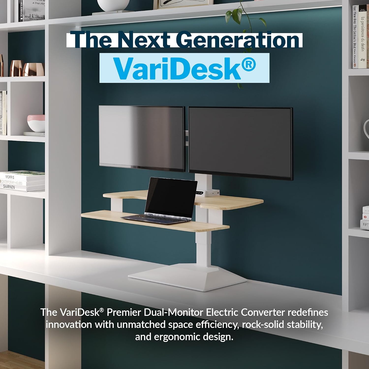 Vari VariDesk Premier Electric Converter -All-in-One Standing Desk Height Adjustable Riser - USB-A & USB-C - Ideal for Home Office Workspace - Dual Monitor Mount Computer Workstation (Light Wood)