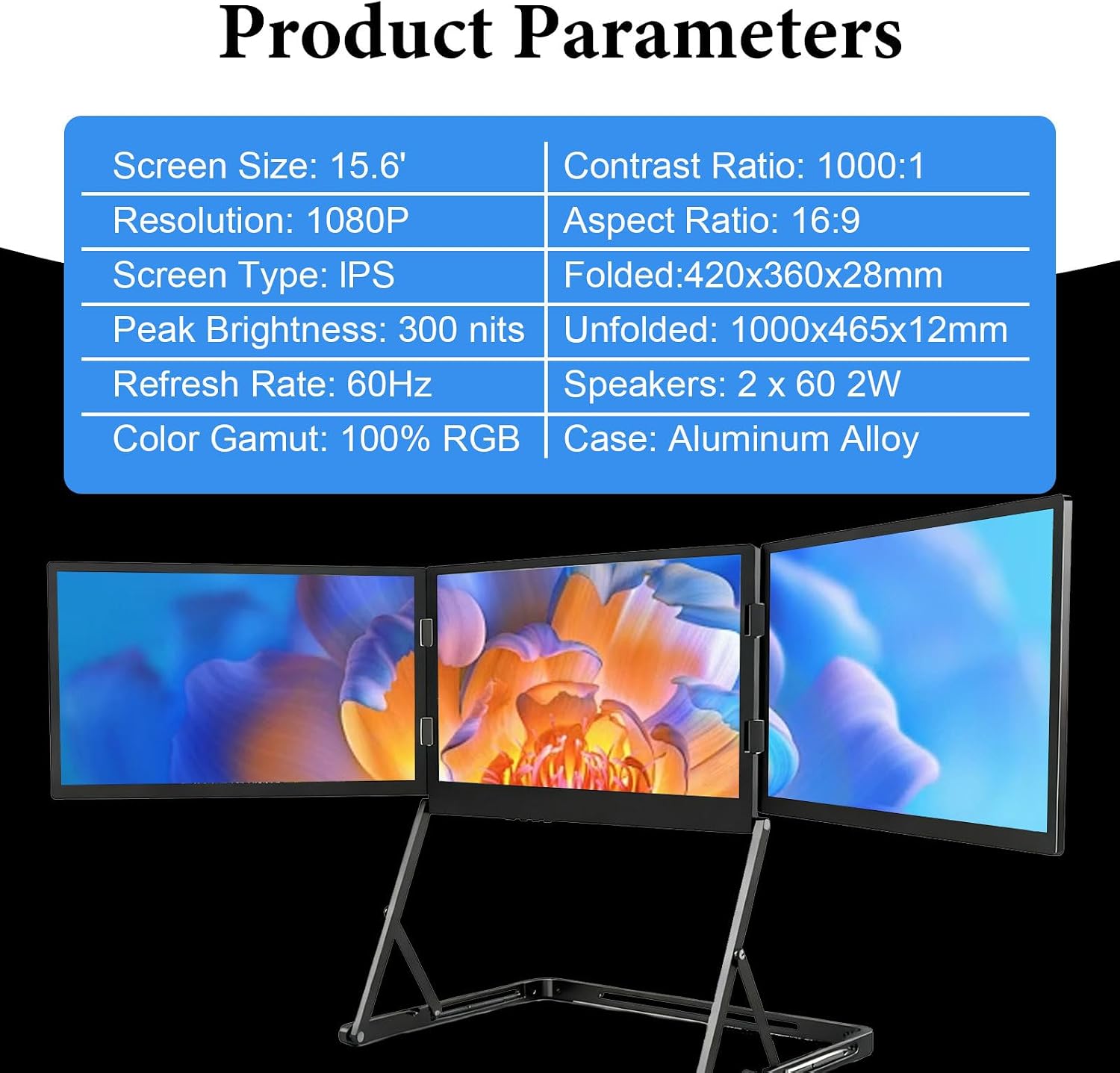 15.6' Portable Triple Monitor for Laptop, Full HD IPS Screen Extender, Play USB-C HDMI Multi-Screen Display for Windows, MacBook, Designers