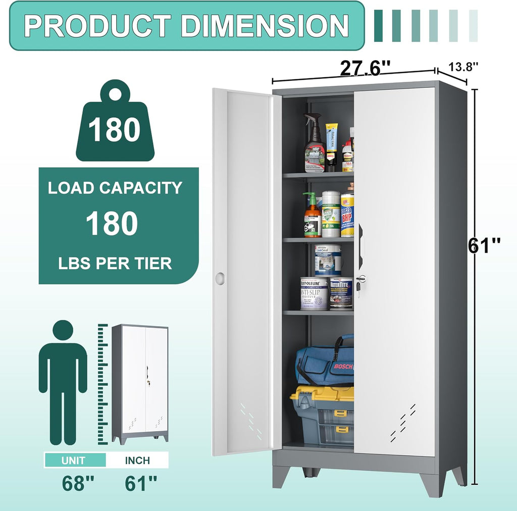 Storage Cabinet 61' H, Locking Cabinet with Doors and Shelves, Metal Pantry Cabinets for Tool Organization,Gray White Cabinet with Removable Pegboard for Garage,Utility Room,Office