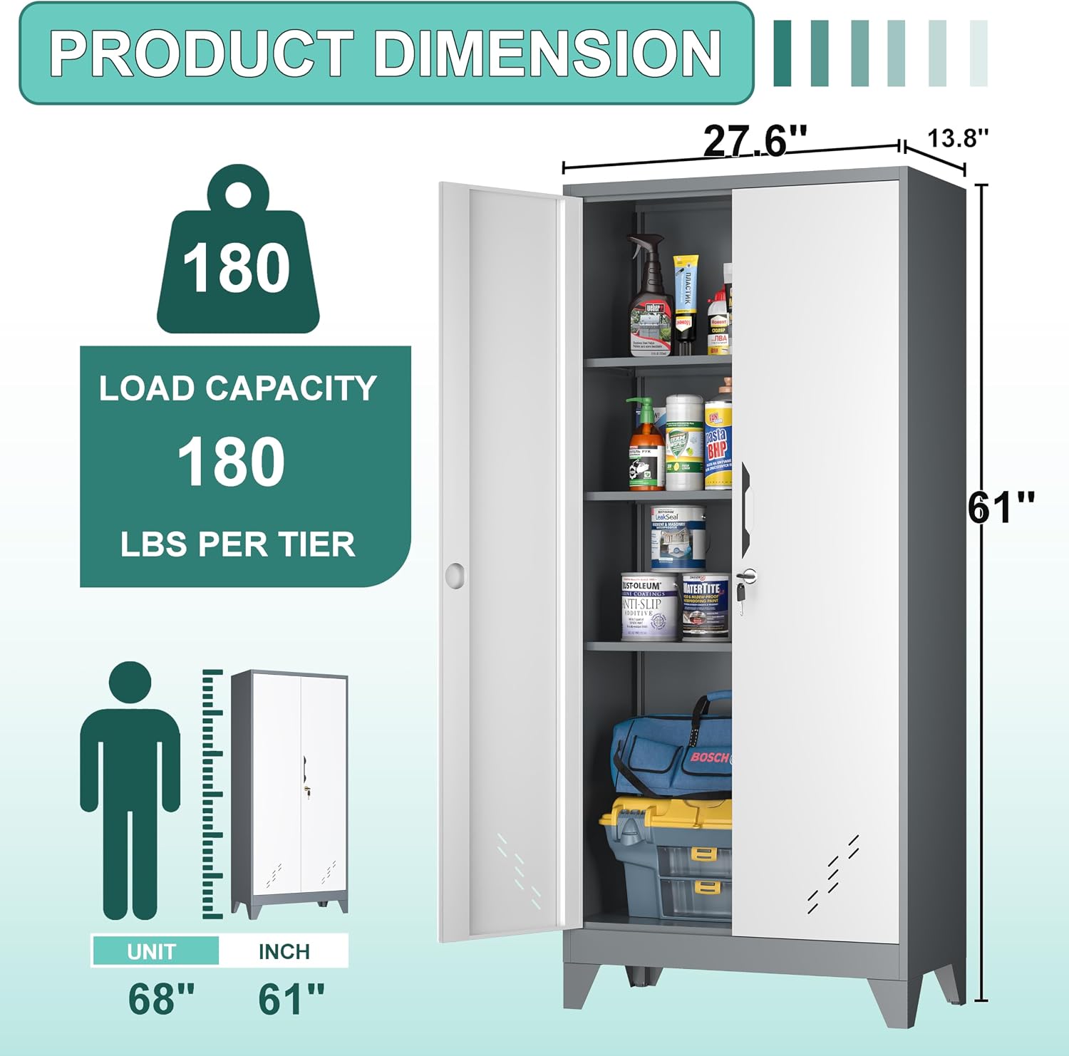 Storage Cabinet 61' H, Locking Cabinet with Doors and Shelves, Metal Pantry Cabinets for Tool Organization,Gray White Cabinet with Removable Pegboard for Garage,Utility Room,Office