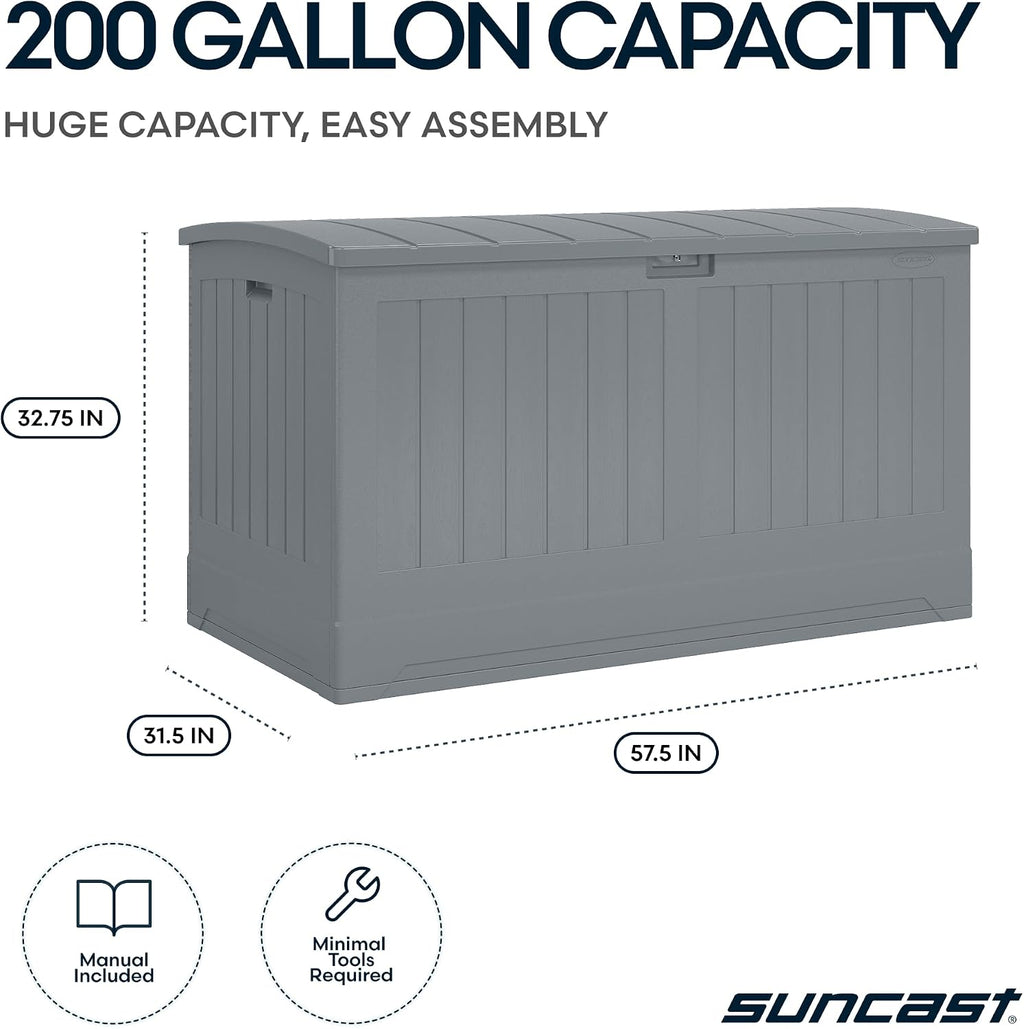 Suncast 200-gal. All-Weather Patio Deck Box, Made in the USA, with Pad-Lockable Lid, Extra-Large Outdoor Storage Unit for Patio Furniture and Grill Tools, Dove Gray Color