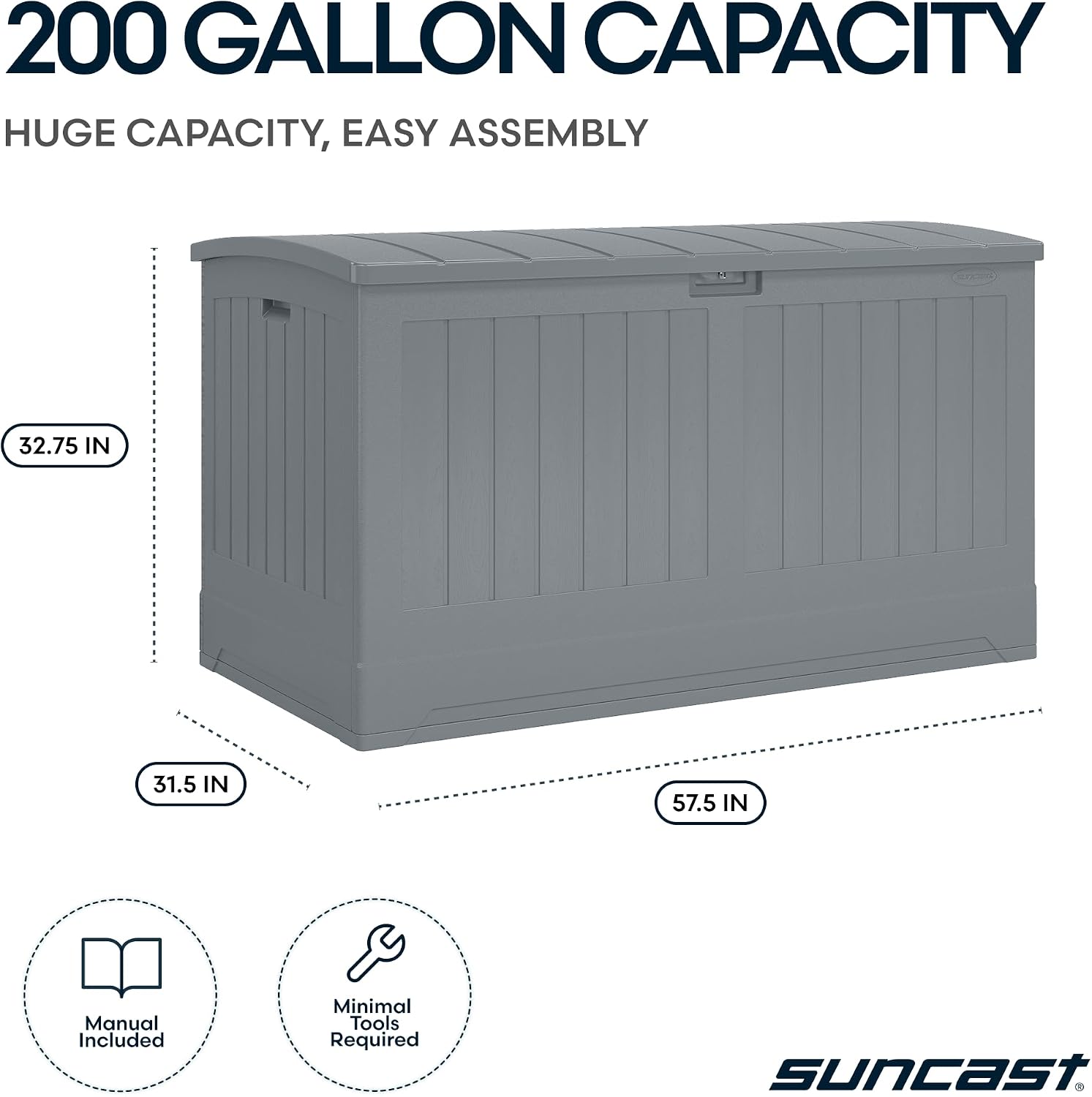Suncast 200-gal. All-Weather Patio Deck Box, Made in the USA, with Pad-Lockable Lid, Extra-Large Outdoor Storage Unit for Patio Furniture and Grill Tools, Dove Gray Color