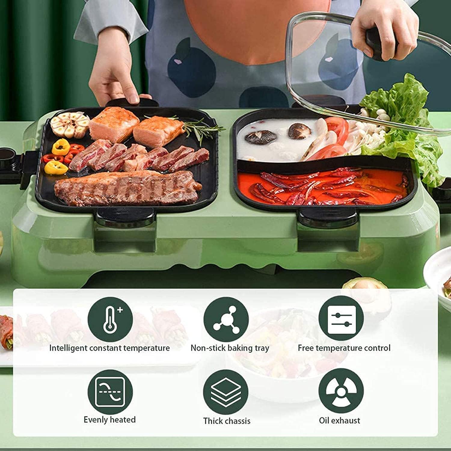 Intelligent Health Gril Electric Barbecue Grill Indoor Hot Pot Chafing Dish, Large Capacity Household Multifunctional Non-Stick 2200W,Green (Color : Red)