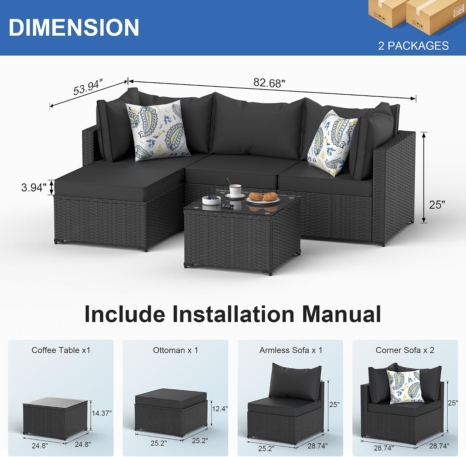 Patio Furniture Set, 5PCS Outdoor Sectional with Ottoman Wicker Rattan Patio Couch with Thickened Cushion Modular Wicker Patio Conversation Set with Glass Top Table for Balcony, Backyard (Black)