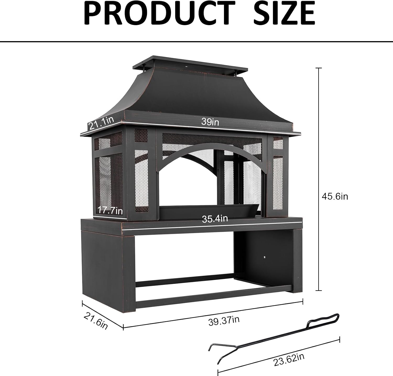 39' Fire Pits with Wood Storage for Outside, Large Wood Burning Outdoor Fireplace with Chimney, Mesh Spark Screen & Fire Poker, Idea for Backyard, Patio, Party, Camping, Picnic