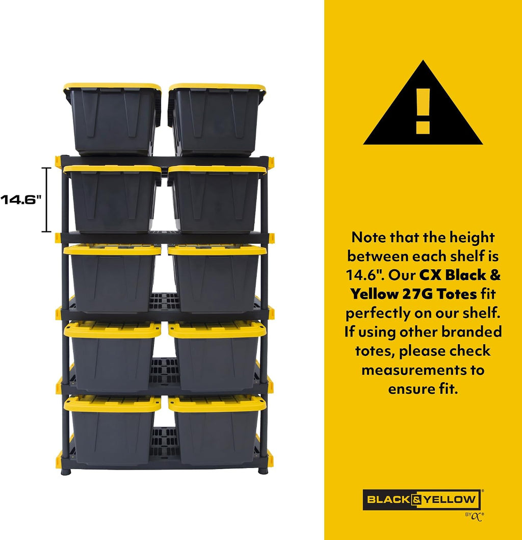 CX Black & Yellow, 5-Tier Heavy Duty Plastic Storage Shelves that Support up to 200lbs/shelf, Organization and Storage, Weather-Resistant Design, Easy Assembly (72'H x 48'W x 20'D)