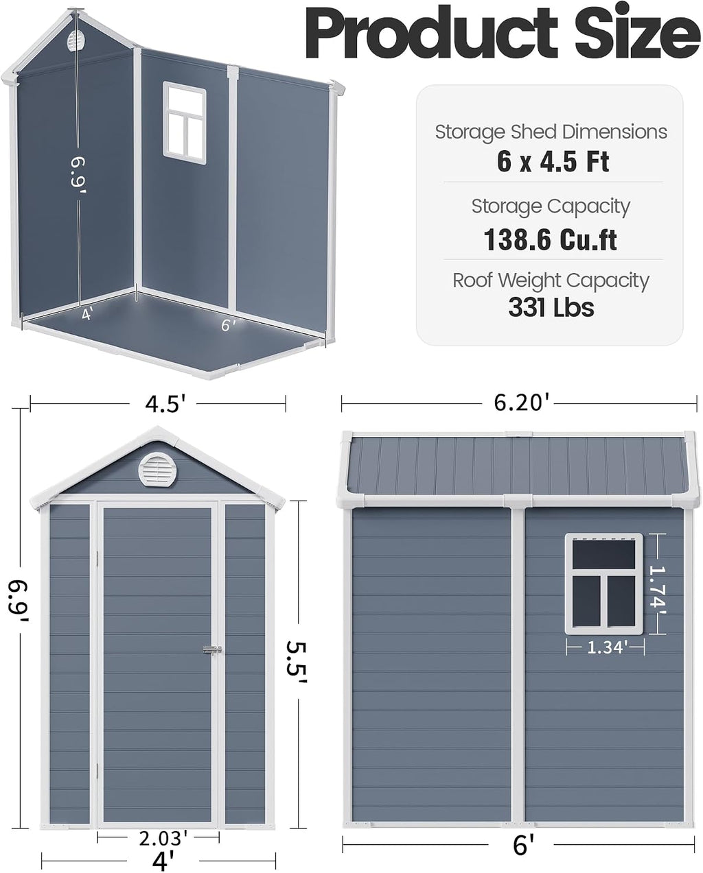6x4.5 FT Plastic Sheds & Outdoor Storage, UV Resistant Storage Sheds Outdoor with Floor and Window, All-Weather Garden Resin Tool Shed for for Garden，Patio，and Utility Storage（Dark Gray）