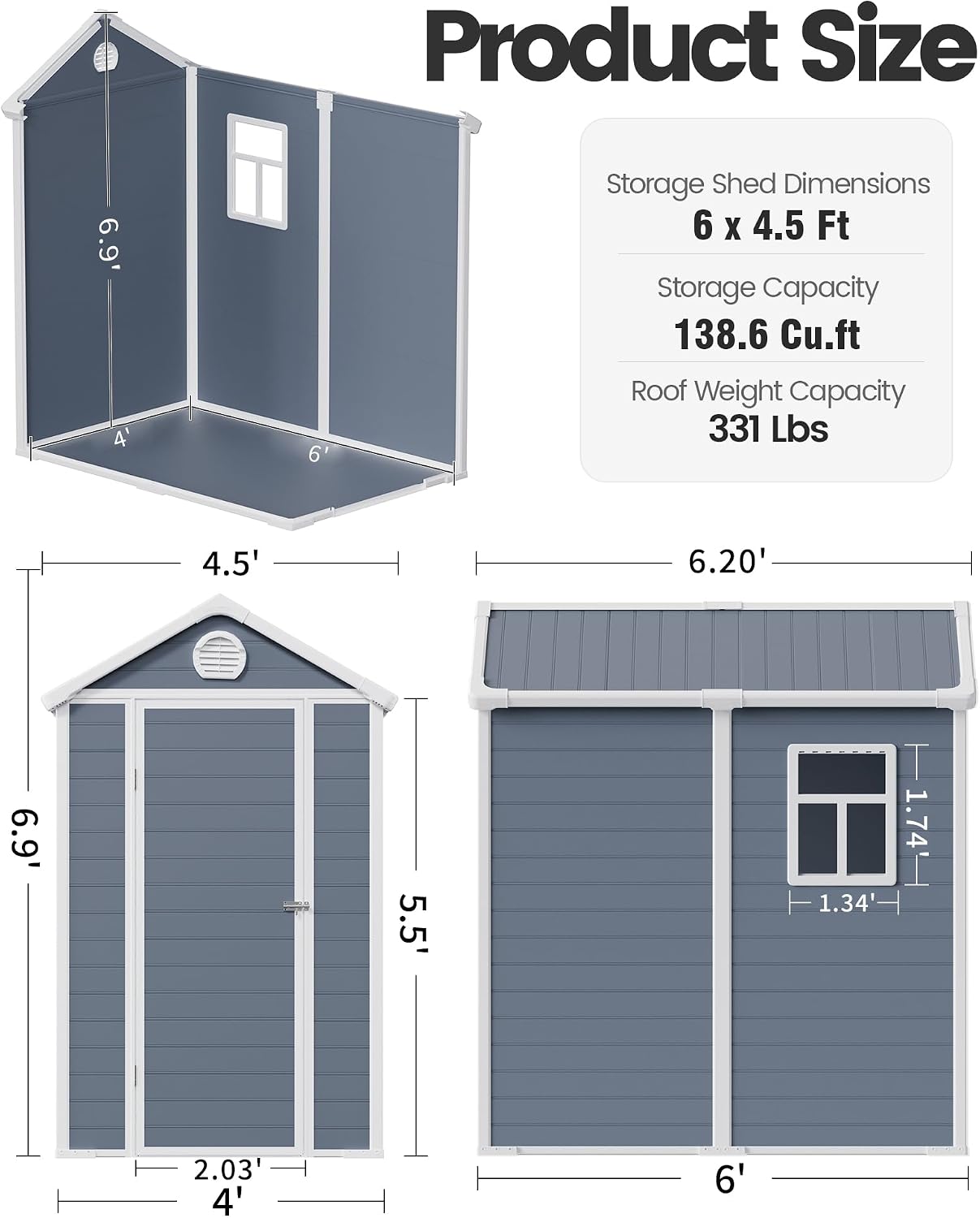 6x4.5 FT Plastic Sheds & Outdoor Storage, UV Resistant Storage Sheds Outdoor with Floor and Window, All-Weather Garden Resin Tool Shed for for Garden，Patio，and Utility Storage（Dark Gray）