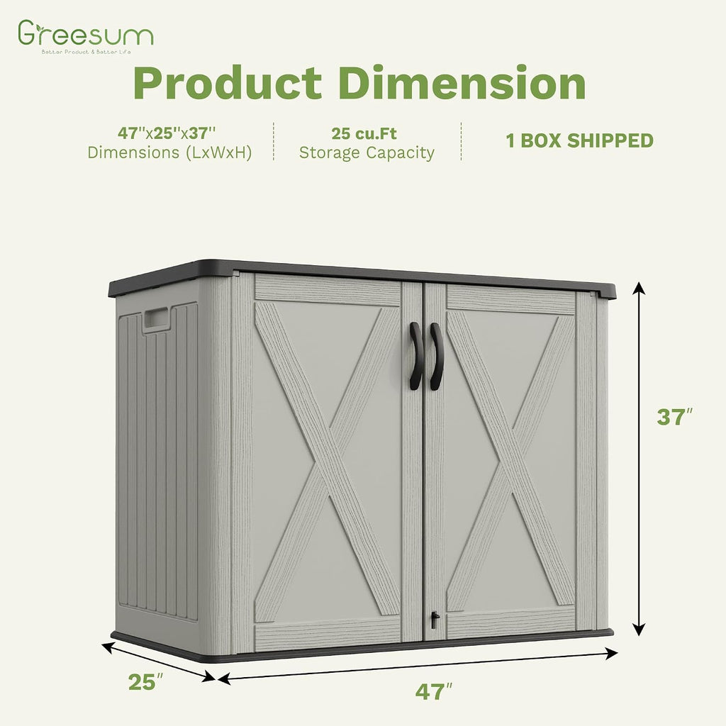 Greesum Outdoor Storage Cabinet, 25 CUFT Deck Box Without Shelves, Waterproof Plastic Storage Shed for Patio Cushions, Gardening Tools, Lockable and Sidehandles, UV Resistant, Beige