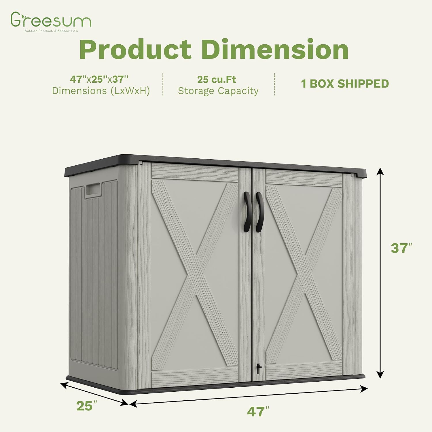 Greesum Outdoor Storage Cabinet, 25 CUFT Deck Box Without Shelves, Waterproof Plastic Storage Shed for Patio Cushions, Gardening Tools, Lockable and Sidehandles, UV Resistant, Beige