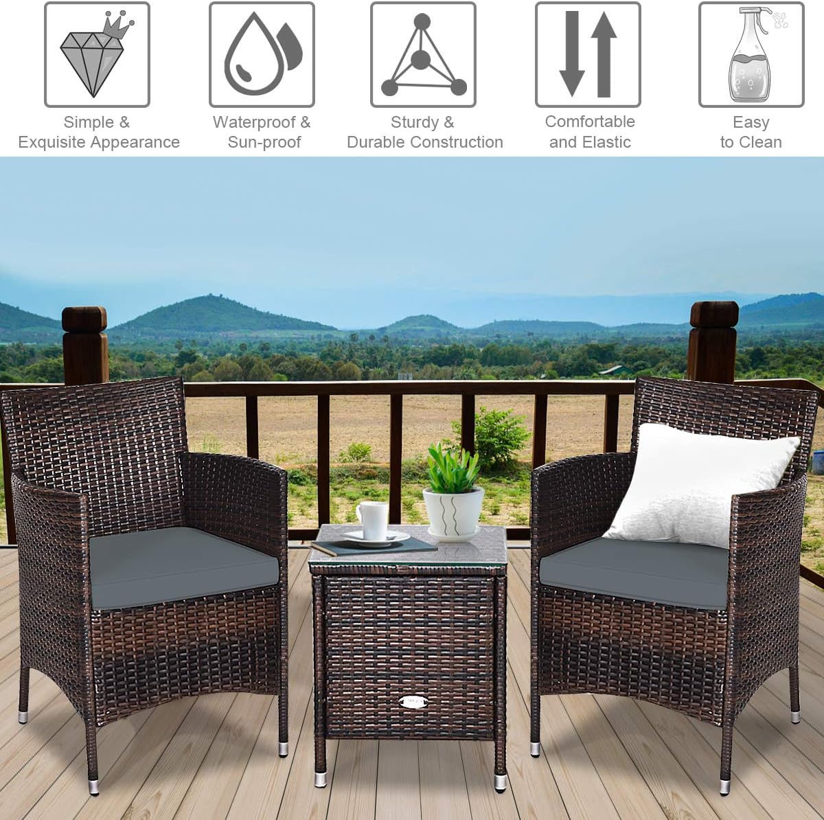 COSTWAY 3 PCS Patio Furniture Set, Outdoor Wicker Conversation Set with Tempered Glass Coffee Table, Seat Cushions, Rattan Wicker Chairs for Poolside Balcony Porch Backyard, Gray